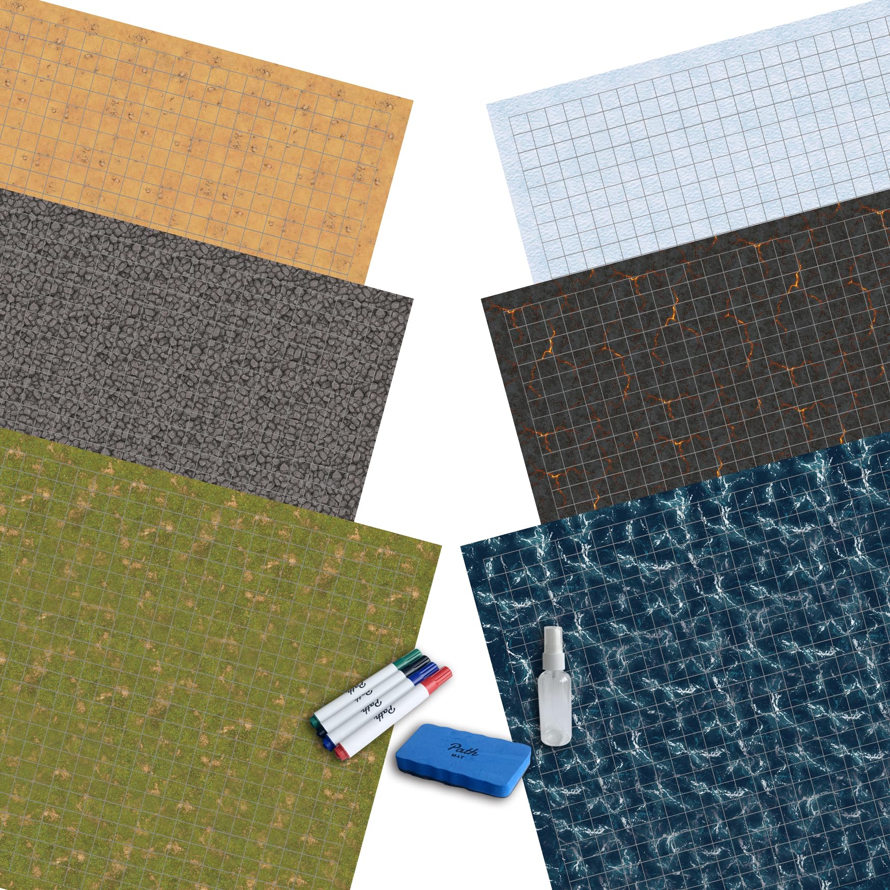Three double-sided Path Gaming battle mats showing six terrains with markers, eraser and spray bottle