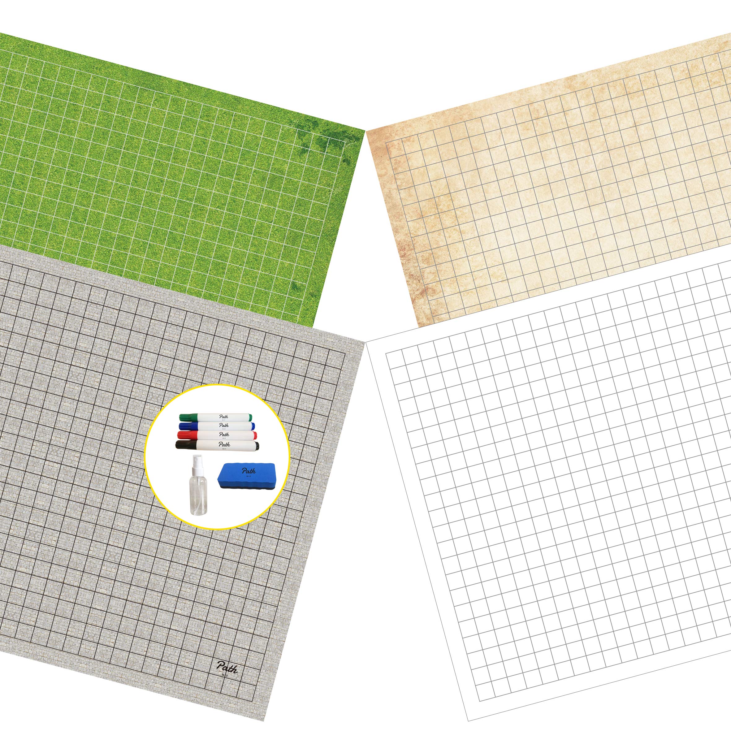 Two double-sided Path Gaming battle mats with four terrain designs and drawing accessories